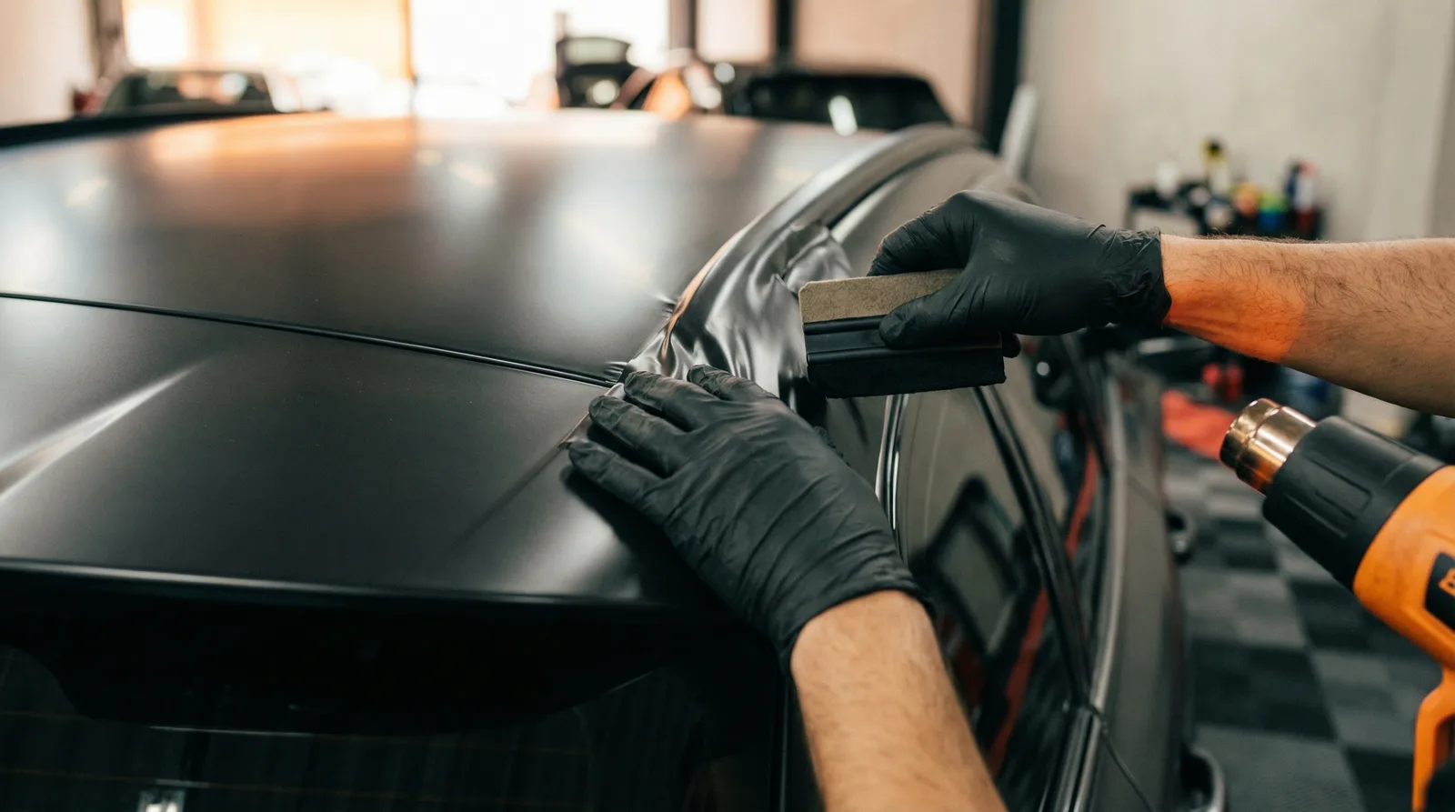 Close-up das mãos aplicando filme no teto do Audi RS6