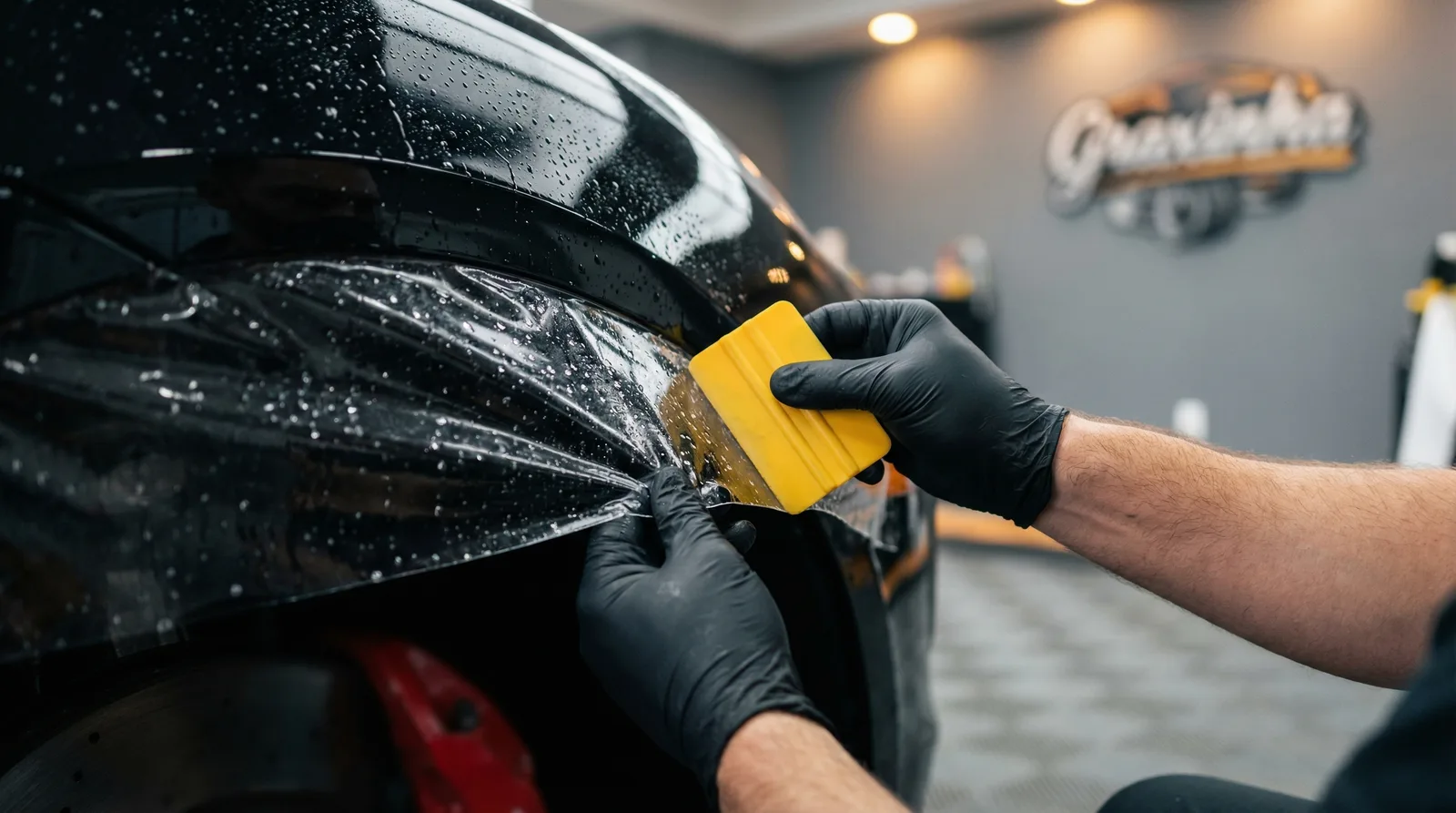 Close-up das mãos suavizando o filme PPF no Porsche Macan